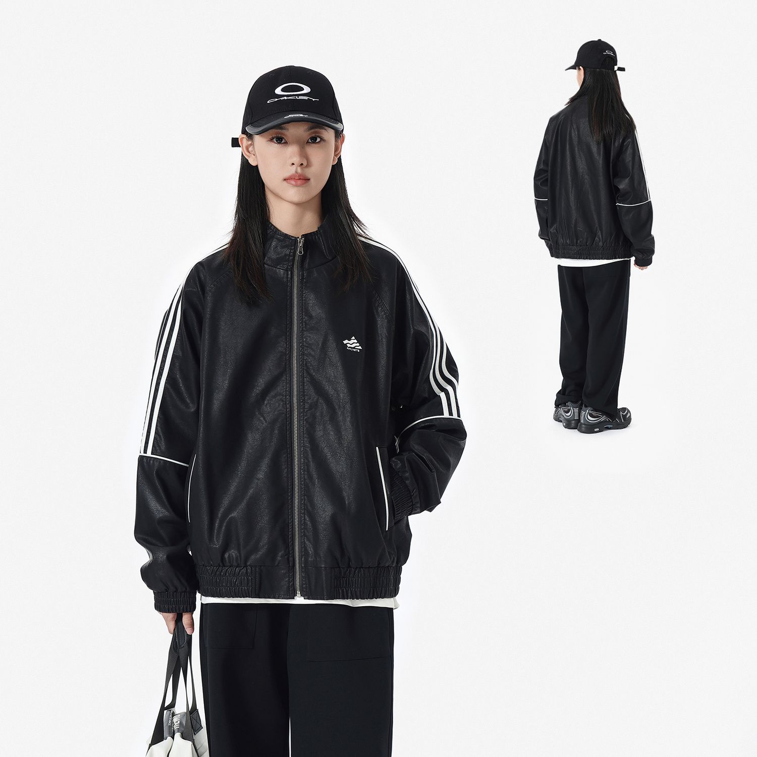 复古水洗做旧氛围感立领皮衣夹克外套三条杠男女同款
