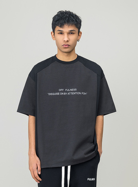 FOH 拼接插肩袖字母印花圆领短袖T恤男2025夏季新款宽松情侣上衣