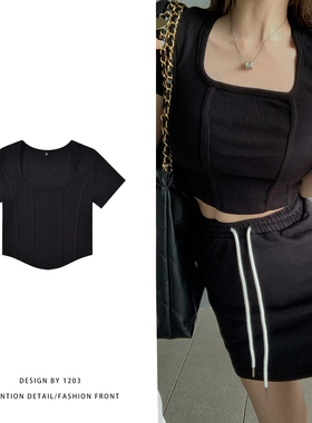 2025夏纯色小方领短款修身显瘦正肩T恤短袖弹力t女