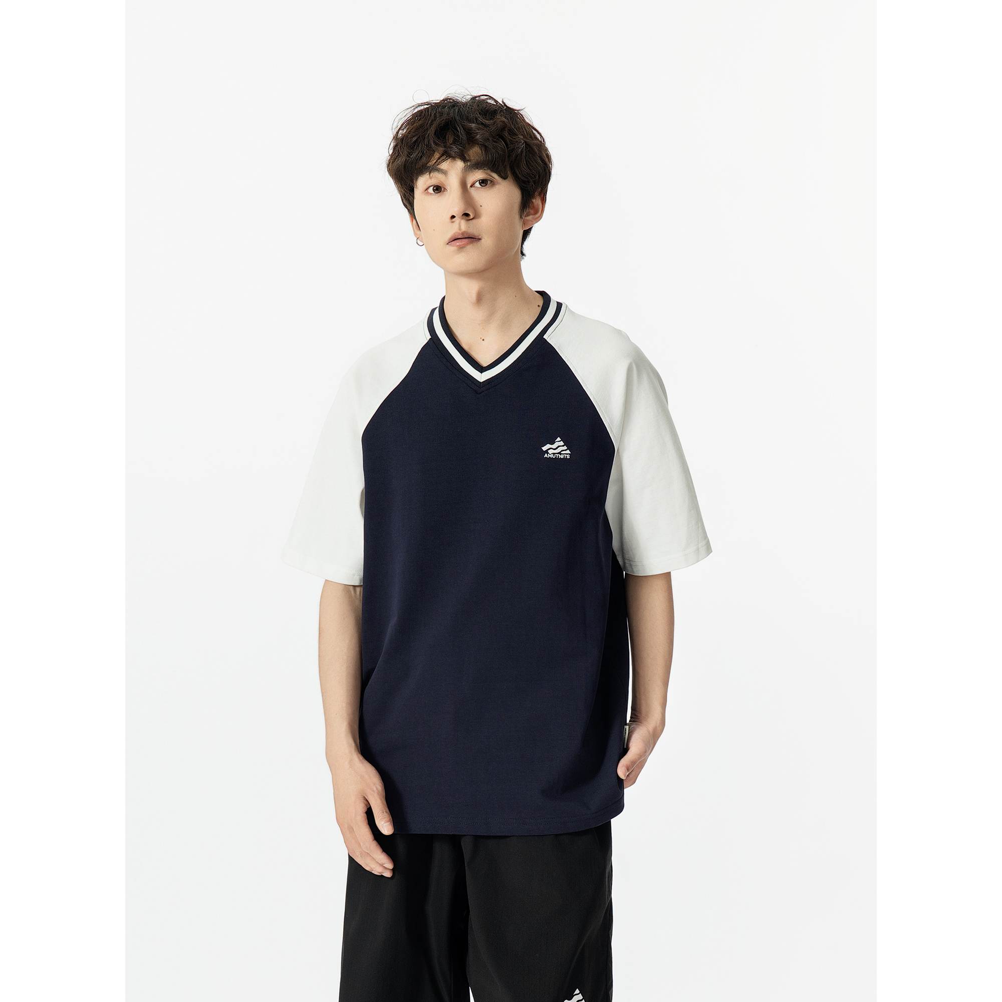 美式休闲26支260g插肩袖T恤男女运动休闲V领短袖上衣