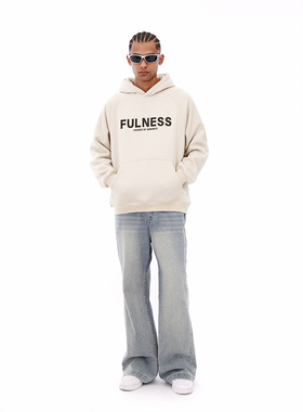 FOH 380g重磅厚板胶印字母插肩袖连帽加绒卫衣男女情侣宽松帽衫