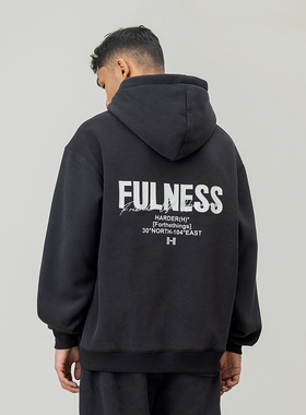 FOH 380g重磅刺绣字母连帽加绒卫衣男春季新款美式休闲宽松帽衫