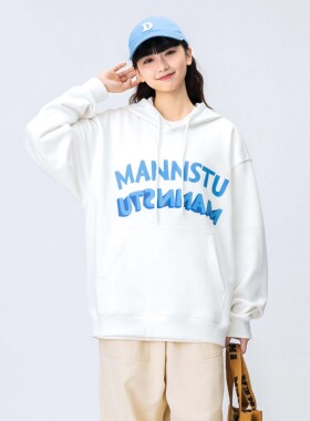 日系复古纯色印花连帽长袖卫衣休闲宽松中性帽衫