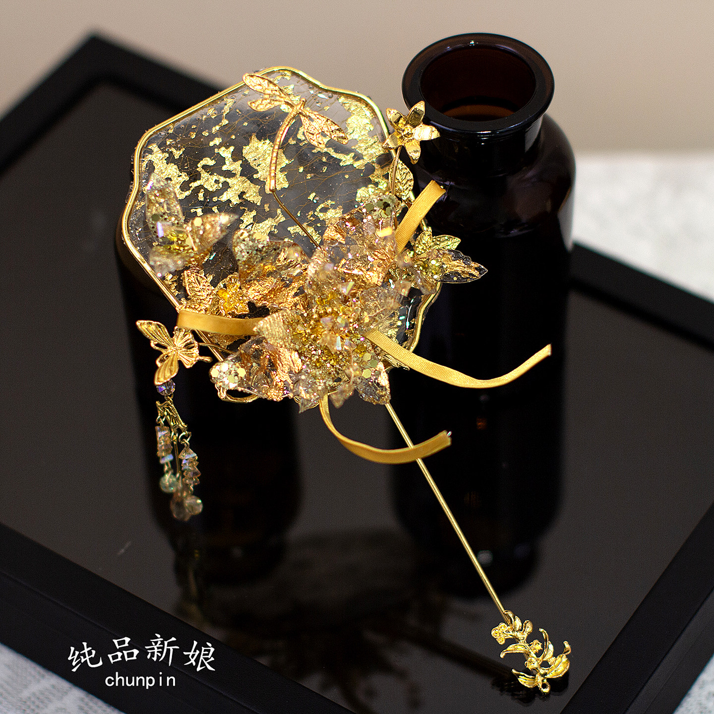 高级感新中式新娘晨袍龙凤褂结婚团扇古典拍照出嫁手持扇婚扇配饰
