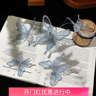 新款韩式超仙新娘蓝色水滴胶蝴蝶头饰晨袍晚礼服婚纱小众样片配饰