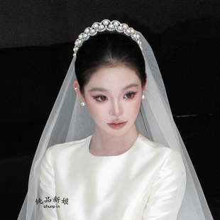 新娘珍珠皇冠头饰简约高级王冠发饰缎面婚纱礼服儿童生日公主配饰