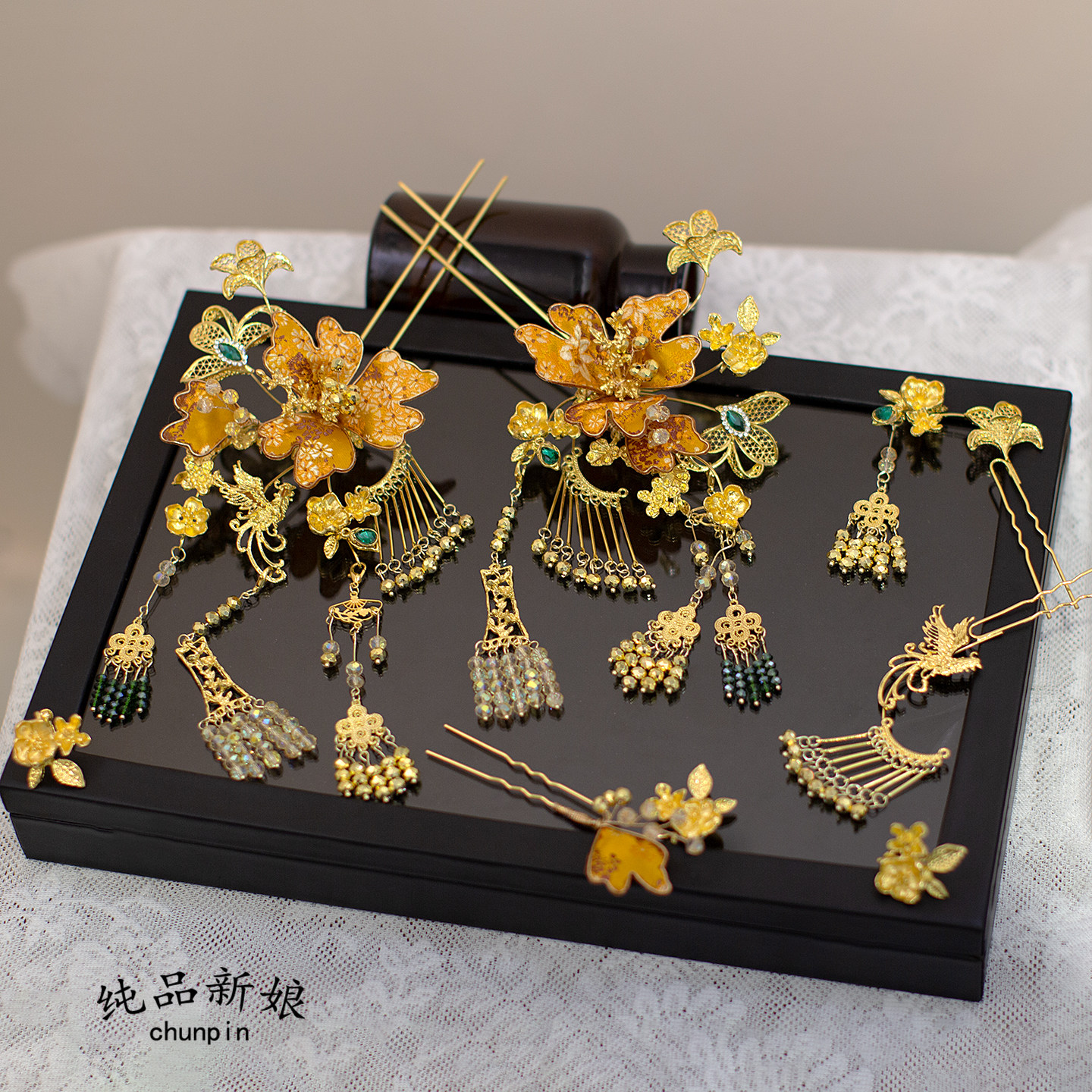 新娘中式头饰秀禾服龙凤褂金色发饰古典婚礼简约大气鬓角夹配饰品