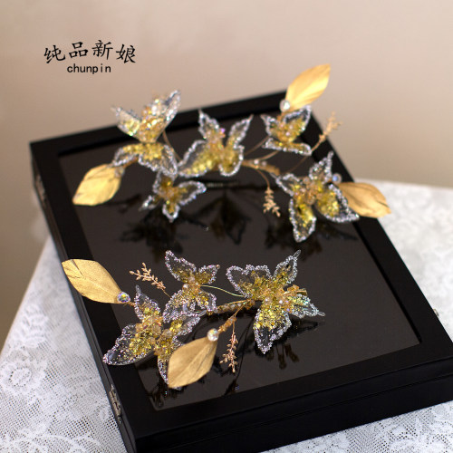 新中式金色滴胶蝴蝶羽毛新娘头饰