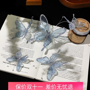 新款韩式超仙新娘蓝色水滴胶蝴蝶头饰晨袍晚礼服婚纱小众样片配饰