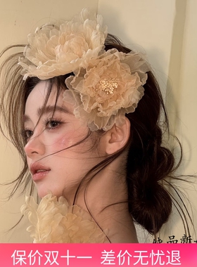 小众唯美手工烫花新娘头饰香槟色