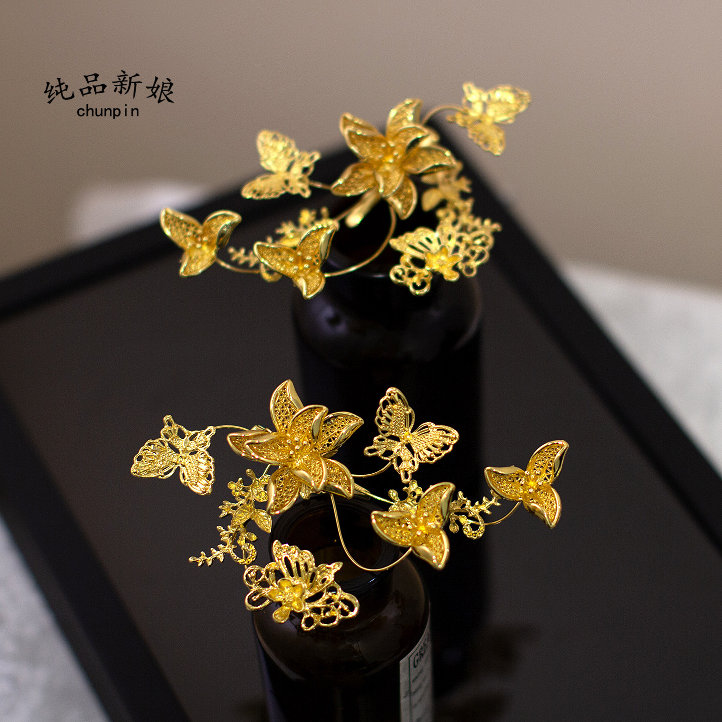 简约高级中式新娘金色龙凤发夹图片