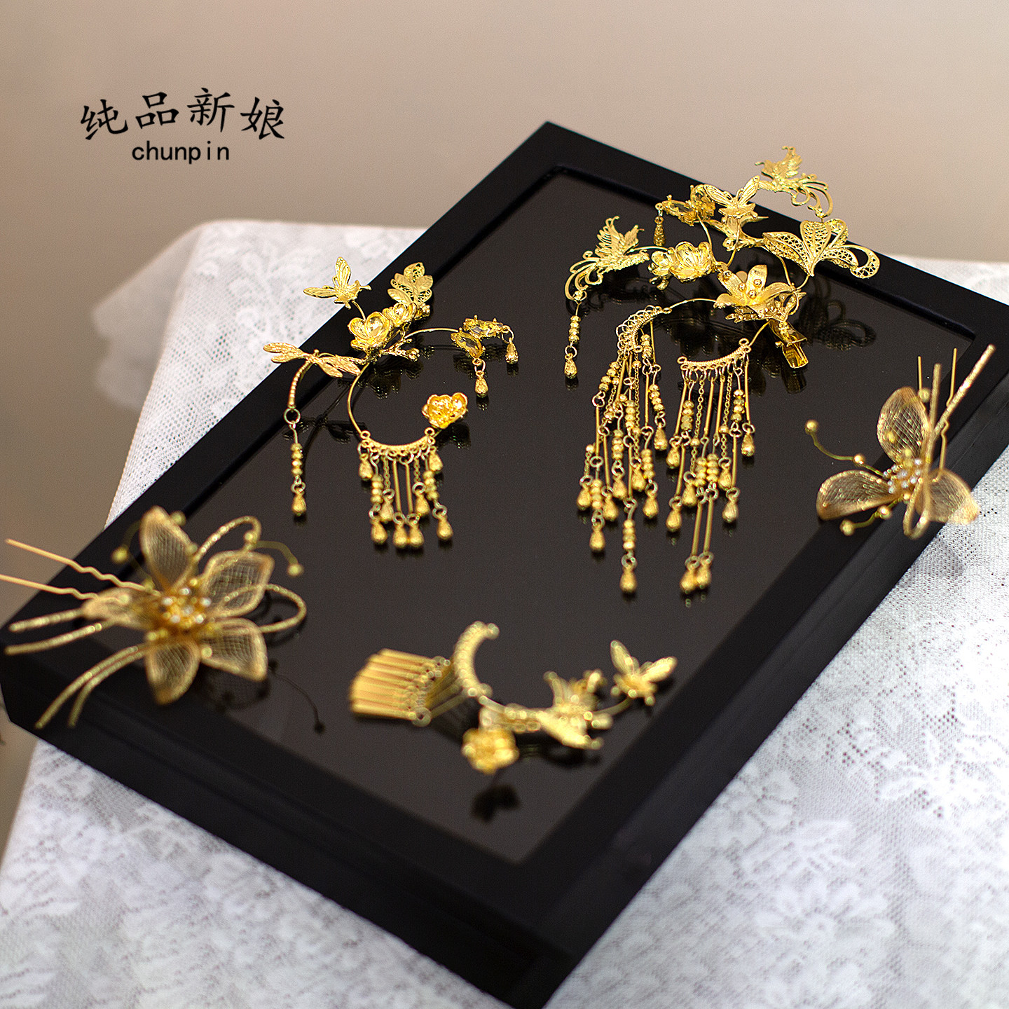新款简约新娘中式头饰秀禾服龙凤褂金色侧边发饰古典婚礼盘发配饰