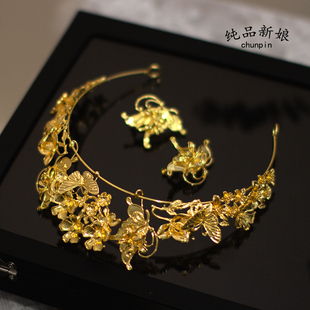 新娘龙凤褂凤冠头饰简约黄金色头冠发饰秀禾服汉服中式婚礼配饰品