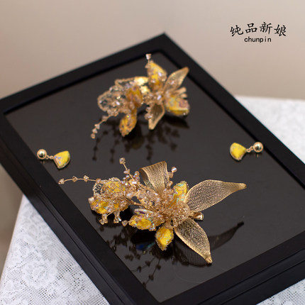 新中式新娘晨袍头饰龙凤褂金色对夹发饰晚礼服马面裙古风婚礼配饰