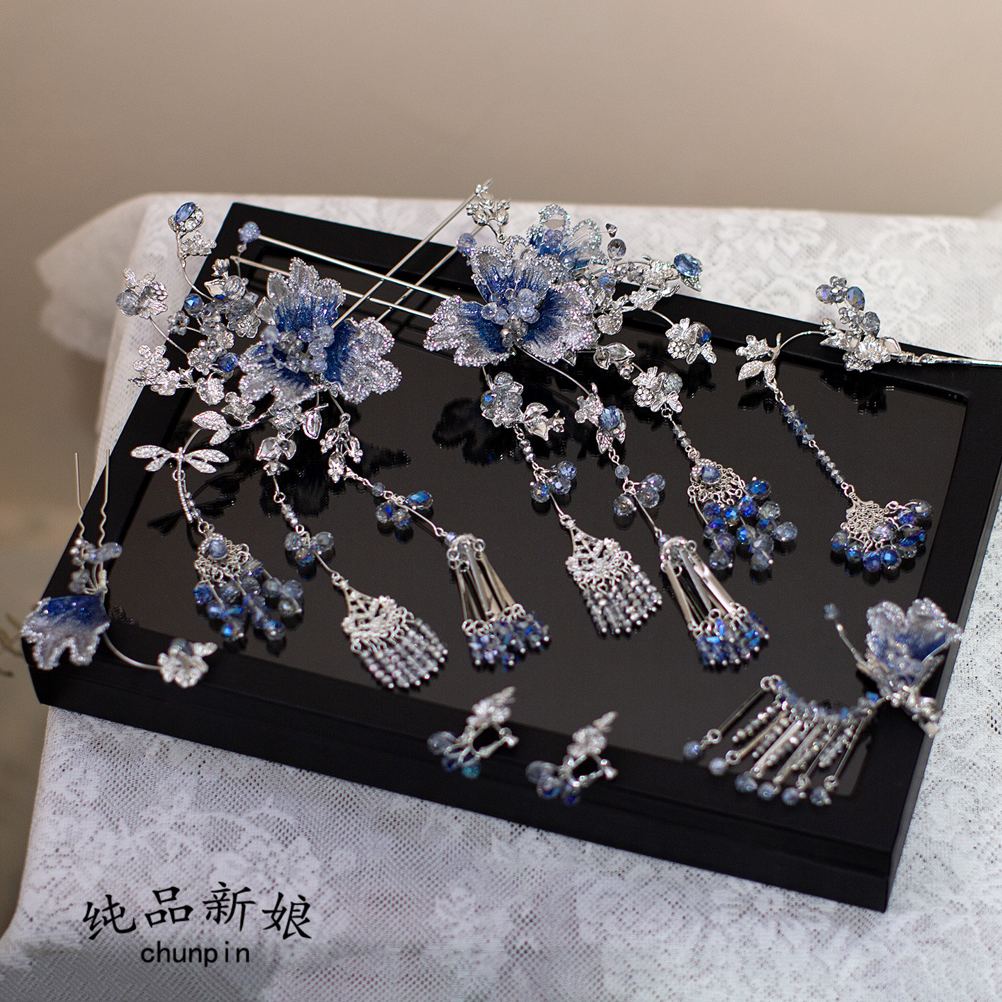 新娘中式银蓝色头饰秀禾服龙凤褂浅色减龄发簪发饰婚礼造型配饰品