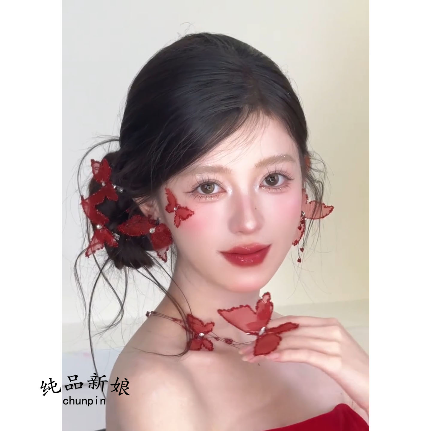 新娘红色蝴蝶边夹头饰