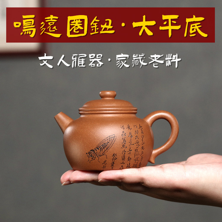 大平底圈钮紫砂壶宜兴原矿降坡泥名家纯全手工刻绘功夫茶具泡茶壶