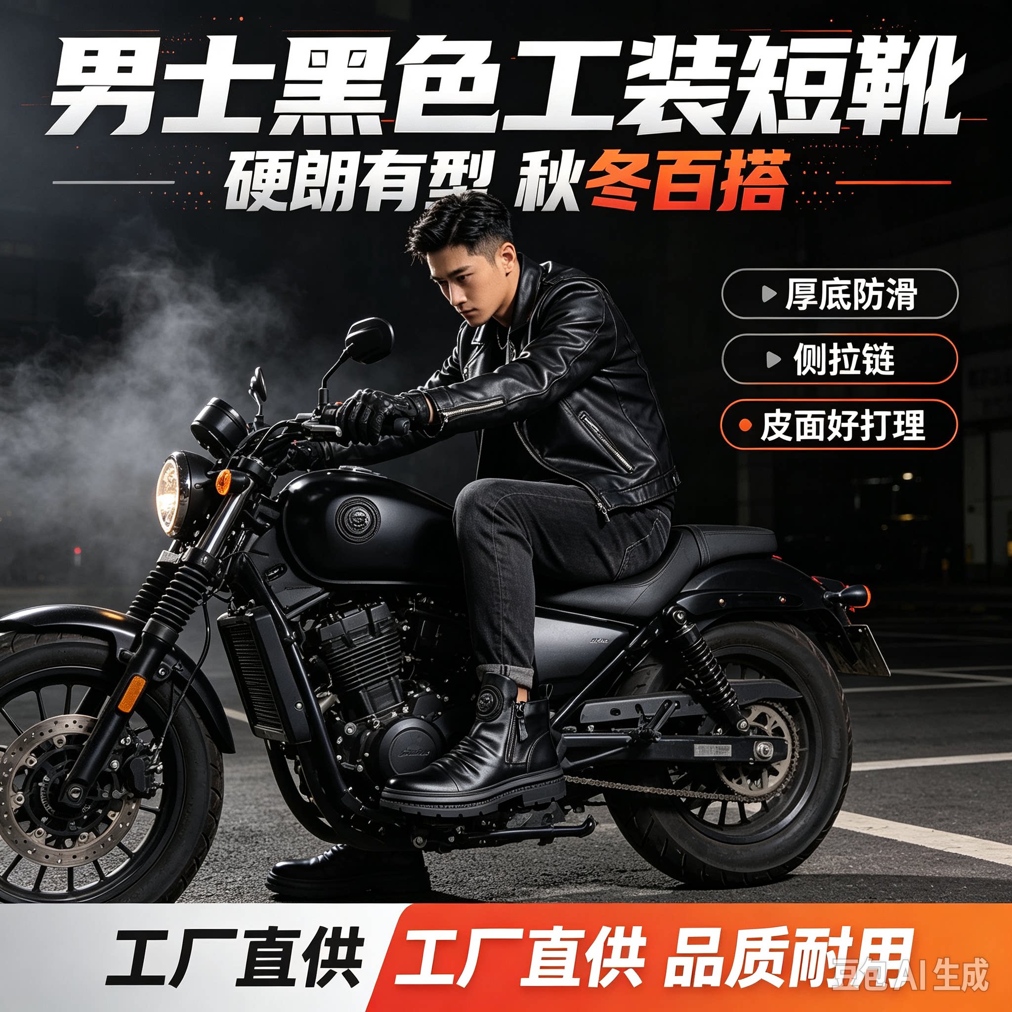 真皮黑色短靴爆款加绒保暖男士机车皮靴防滑切尔侧拉链工装马丁靴