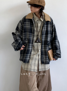 ZOAK秋冬复古街头格纹工装夹克男女生廓形拼接中性风慵懒风外套潮