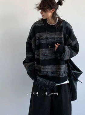 ZOAK 秋冬日系复古撞色条纹毛衣男女生慵懒风针织衫宽松套头外套