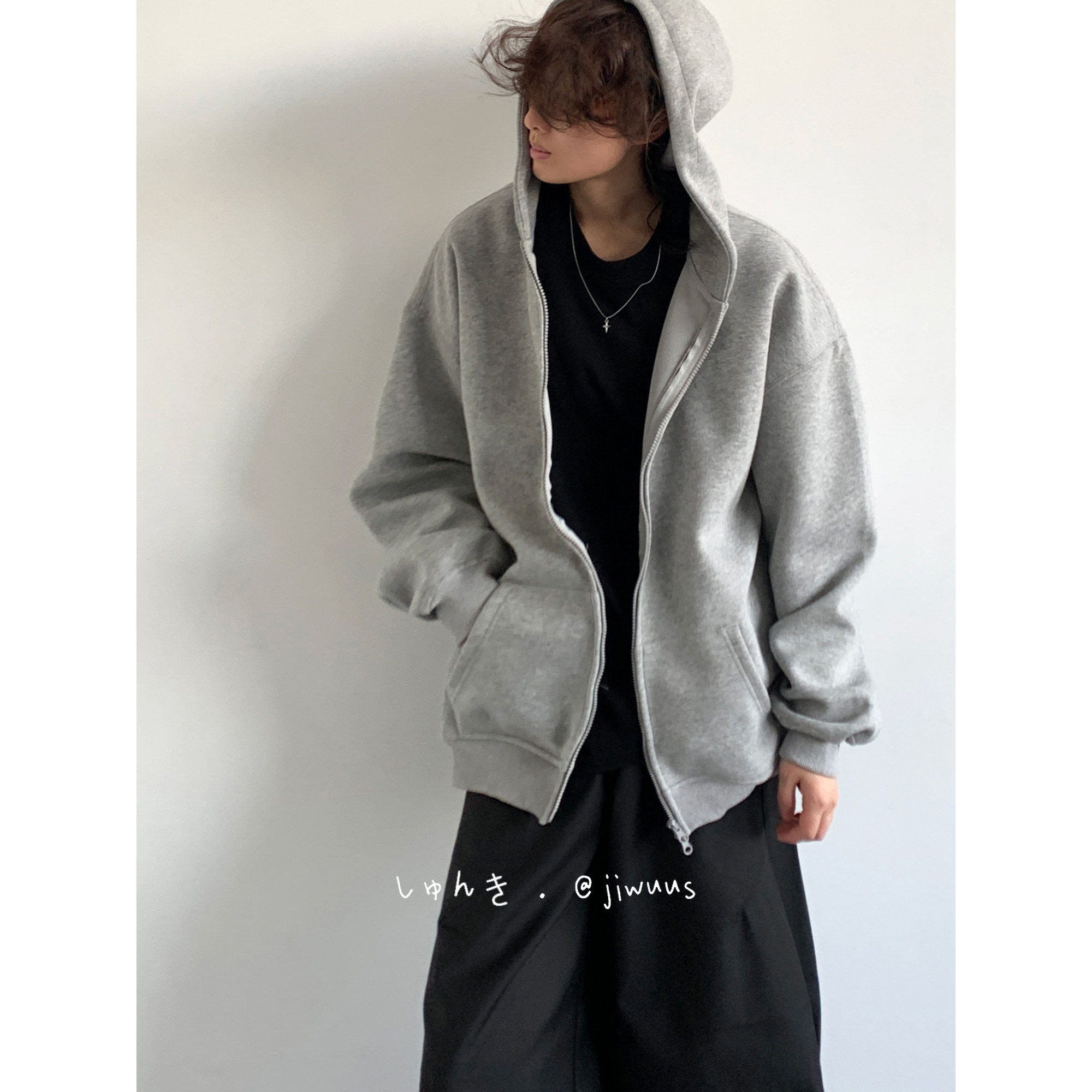 ZOAK简约纯色运动风连帽拉链卫衣男女宽松百搭休闲外套灰色