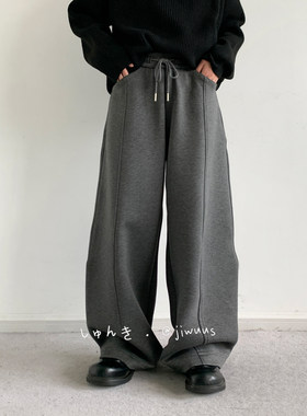 ZOAK冬季日系复古抽绳灰色休闲裤男女生宽松廓形运动直筒长裤子