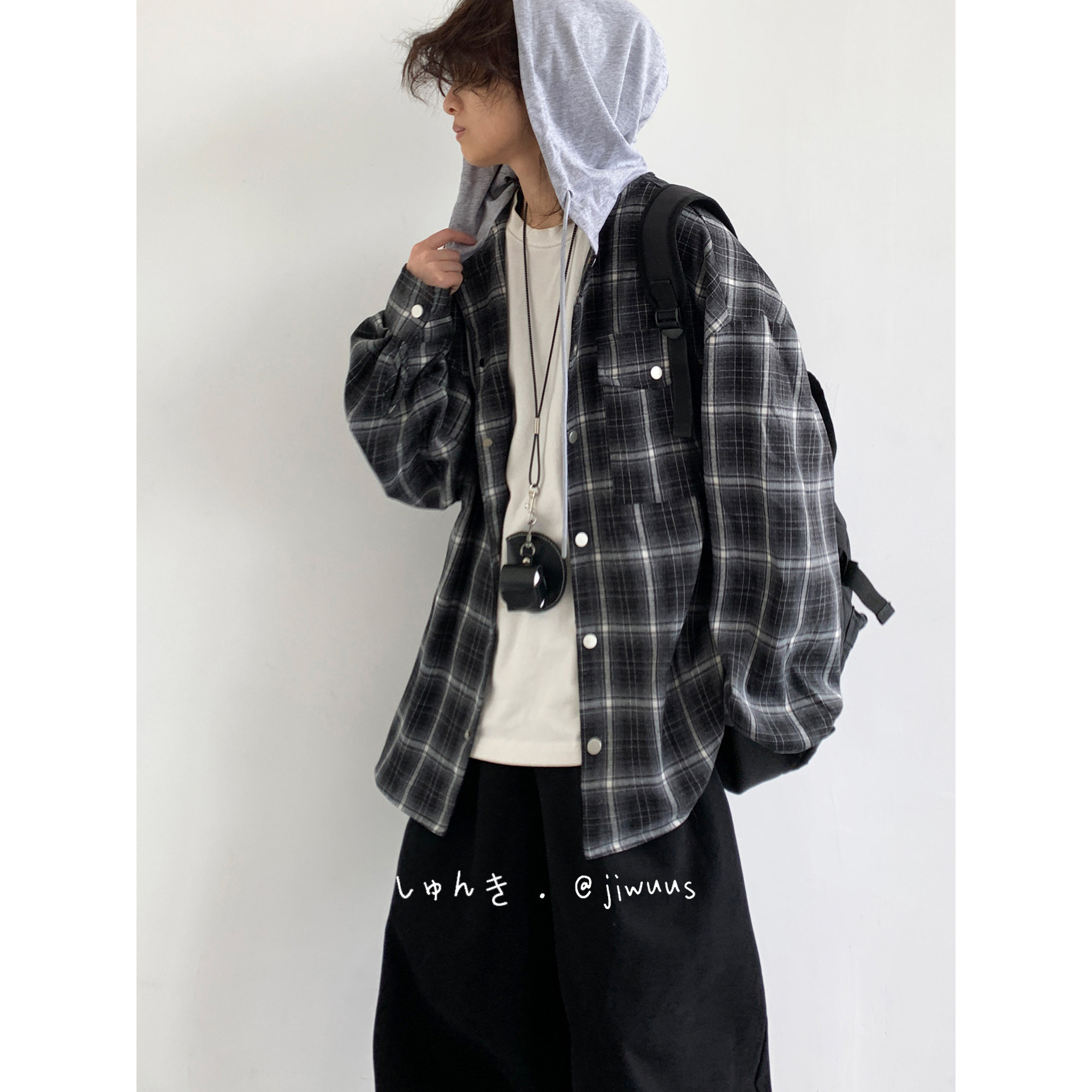 日系复古拼接格子连帽衬衫男女生