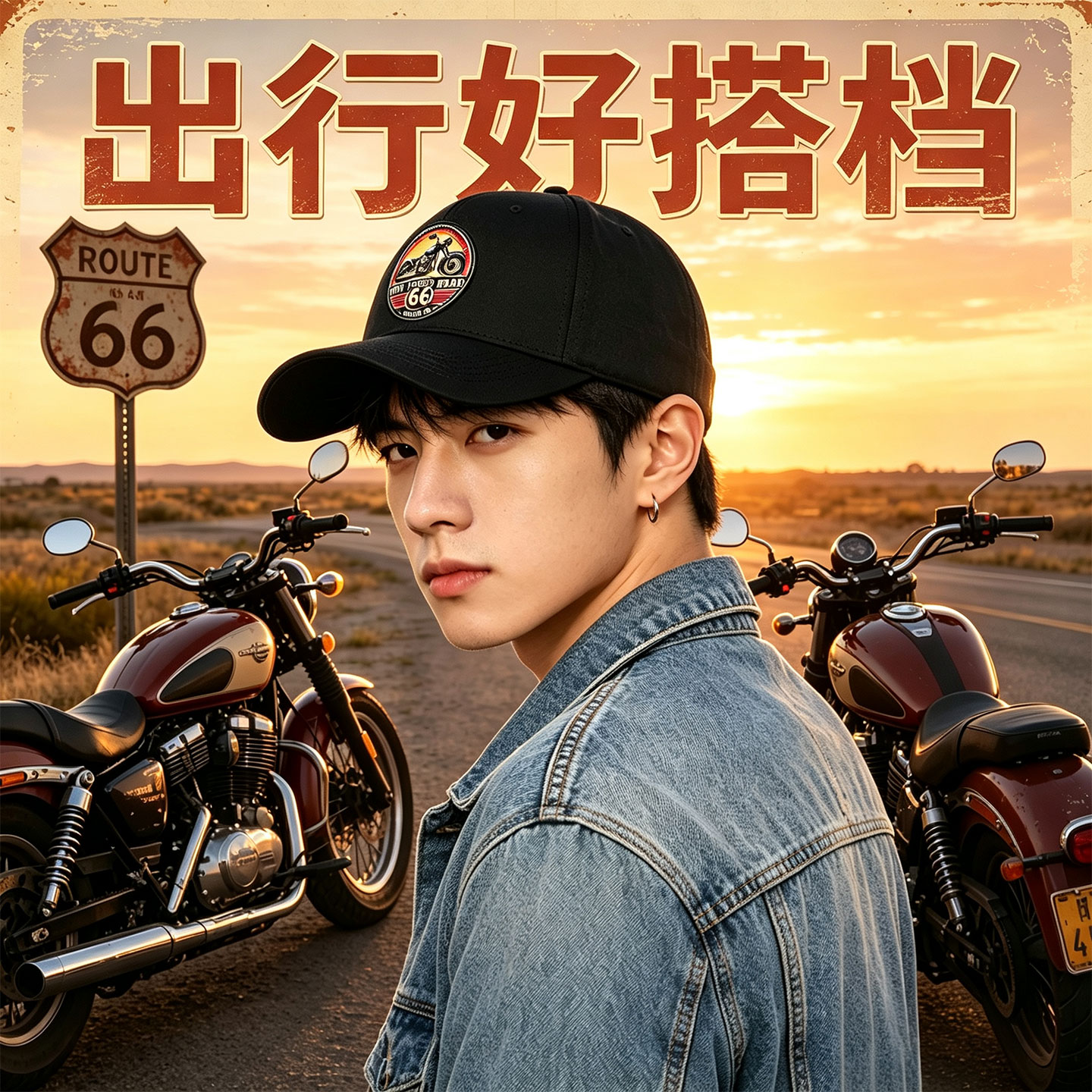 Route66号公路复古摩托机车网眼鸭舌帽棒球帽遮阳男女帽子百搭潮
