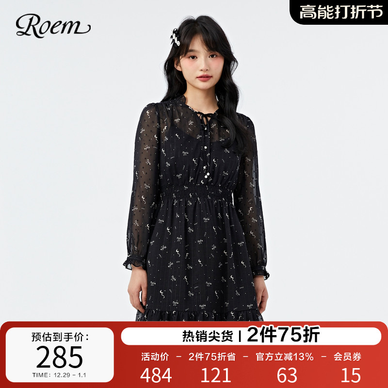 Roem春秋新品雪纺印花长袖碎花连衣裙黑色淑女气质优雅裙子女