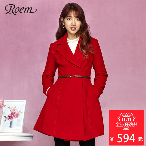 双11预告 朴信惠代言 ROEM 洛妍 珍珠扣 女式羊毛呢大衣 双重优惠折后￥494包邮 2色可选