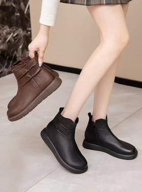 芭笛尔2025冬季新款真皮复古短靴女百搭民族风加绒平底女靴78078