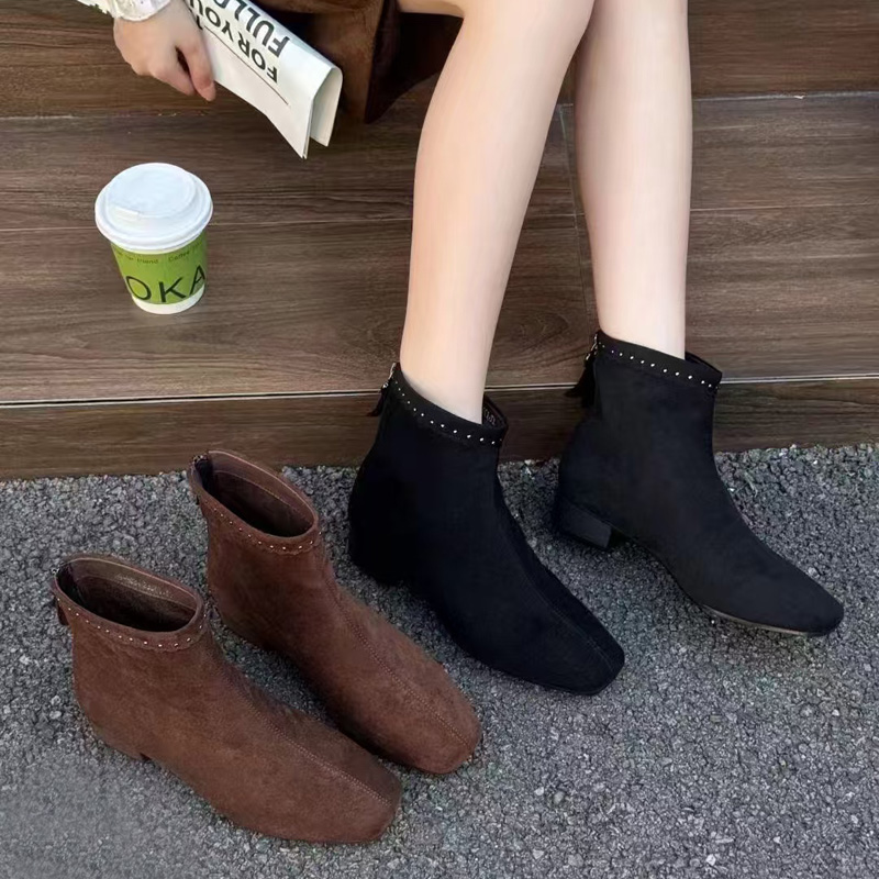 芭笛尔2025冬新款方头粗跟短靴女大码42百搭弹力靴加绒女靴73405