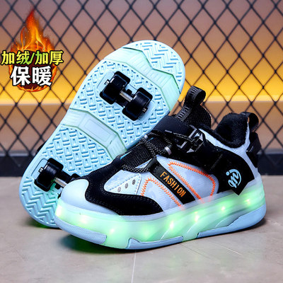 男童暴走鞋四轮可收隐形秋冬儿童溜冰鞋中大童亮灯运动轮滑鞋加绒