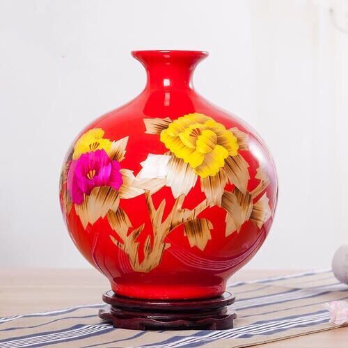 景德镇新款小号中国红陶瓷简约牡丹麦秆花瓶客厅摆件结婚喜庆送礼