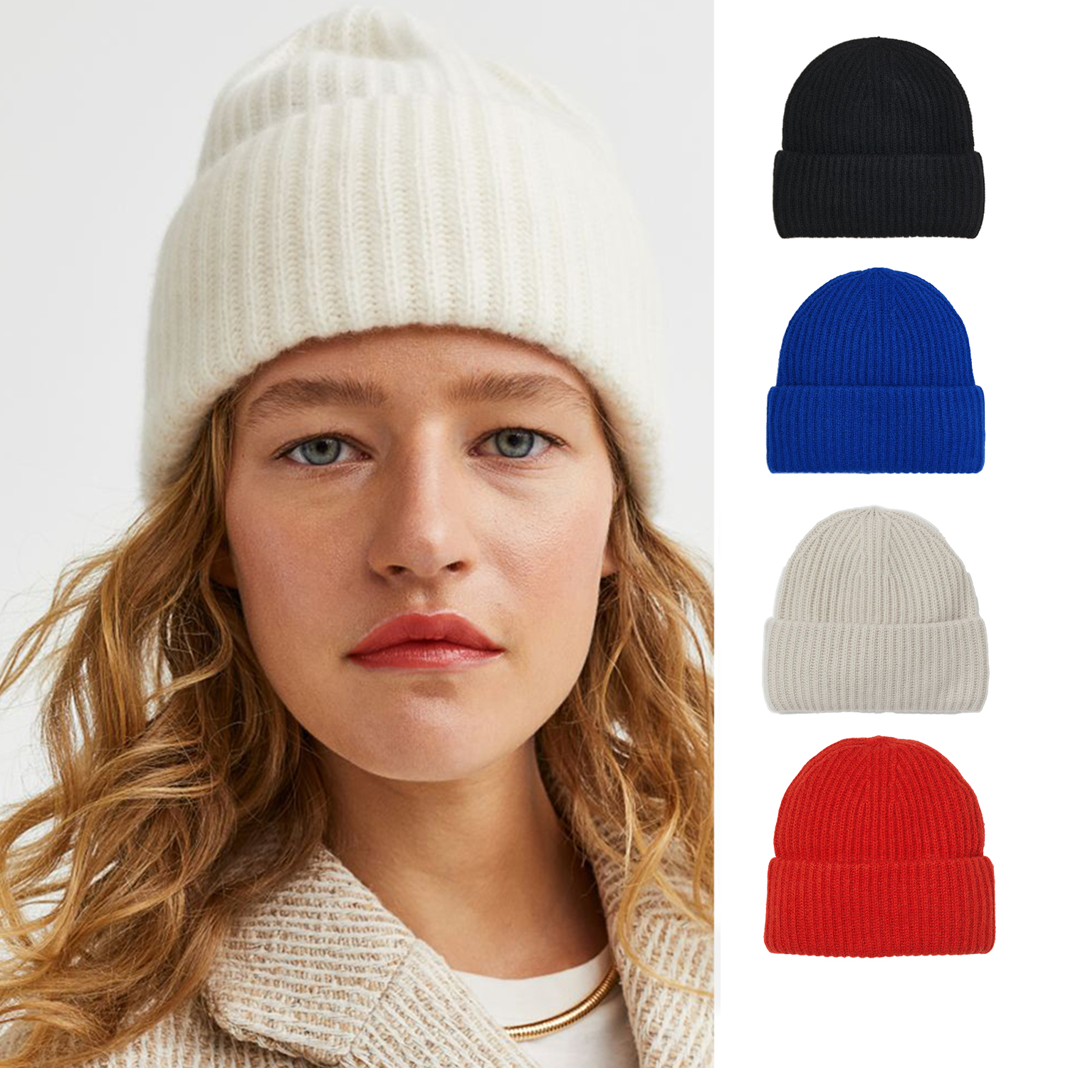 100%羊绒加厚显脸小双层翻边冷帽