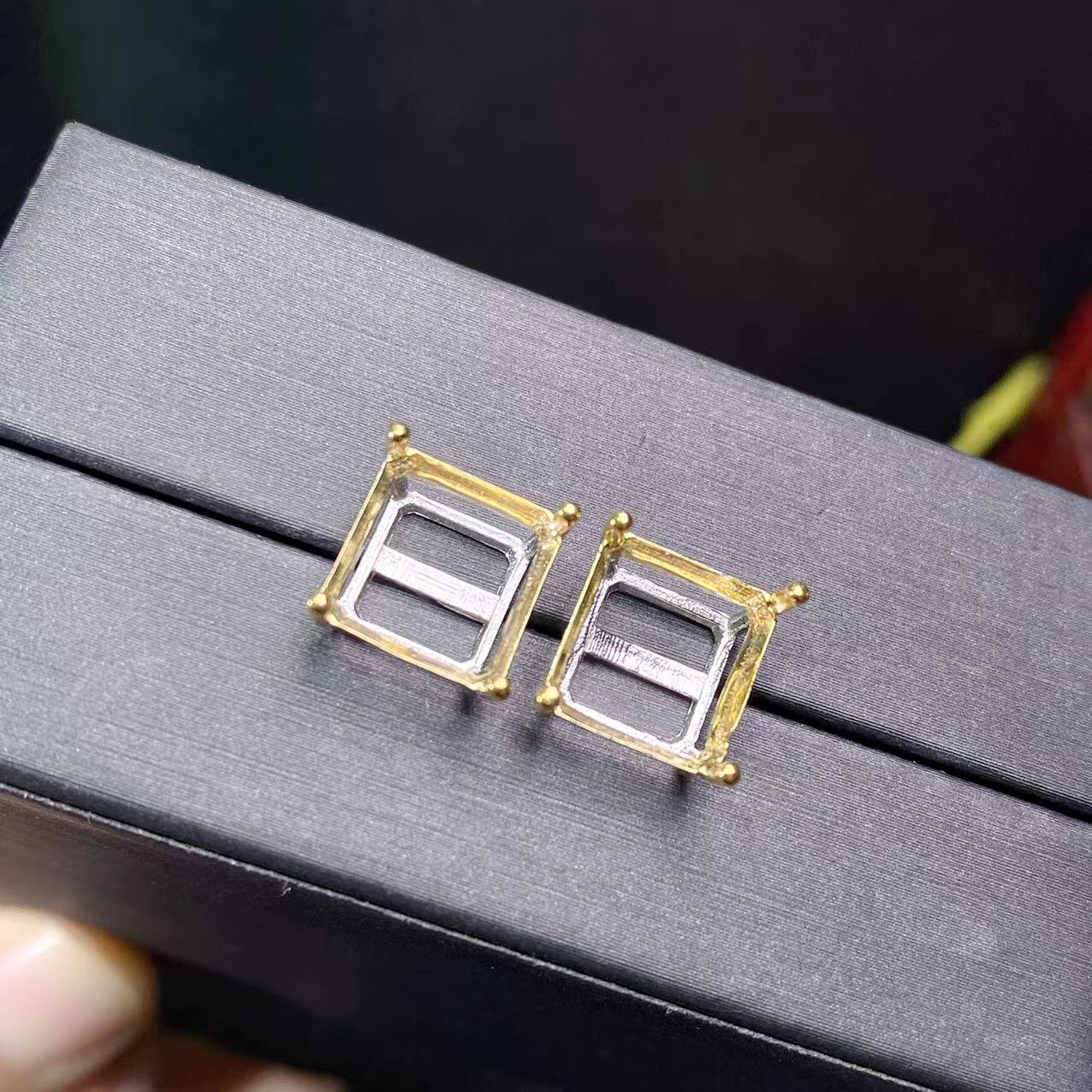 s925银饰耳钉空托方形7*7mm8*810*10简单4爪耳钉托镶彩宝水晶