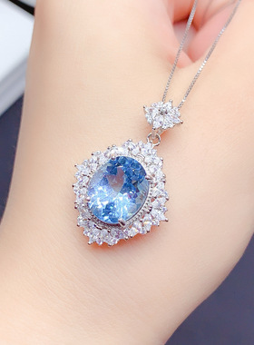 通体银吊坠空托女时尚百搭气质椭圆形10*12mm海蓝宝吊坠托女