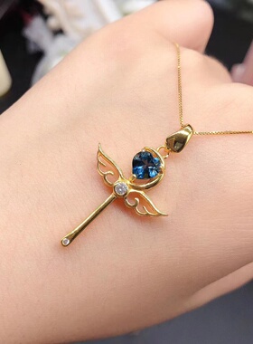 s925银饰吊坠空托心6爱心天使魔法棒天然伦敦蓝托帕石橄榄石礼物