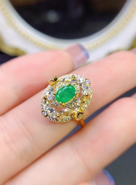 s925银饰戒指空托白水晶镶椭圆4*6mm网红个性轻奢精致祖母绿戒指