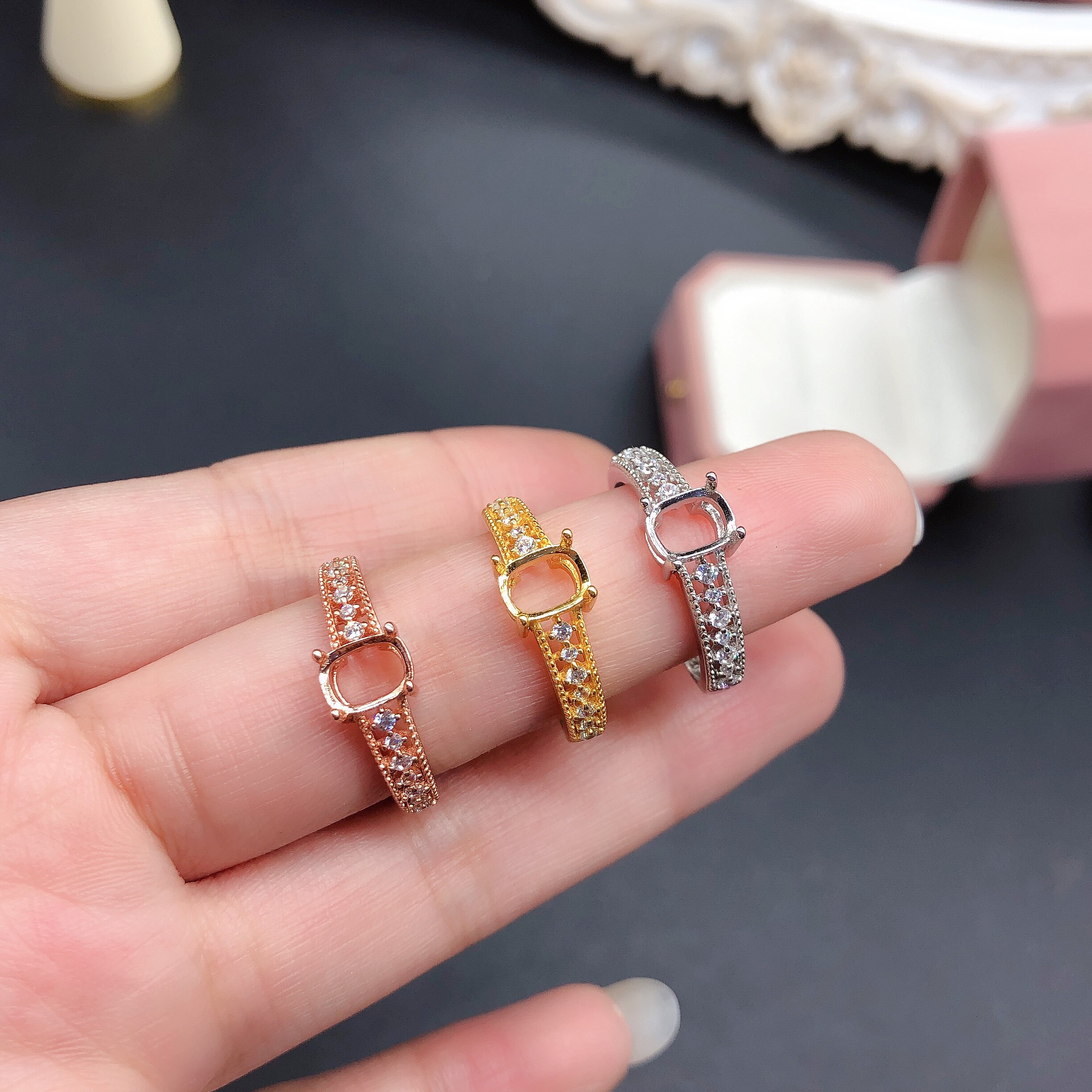 s925银饰戒指开口戒托女枕形长方6*7mm时尚轻奢指环镶碧玺尖晶石