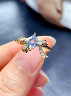 通体s925银戒指空托女时尚百搭气质蝴蝶结海蓝宝方形5*5mm活口戒