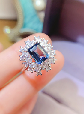 通体s925银戒指空托女时尚百搭气质镶彩宝长方形6*8mm活口戒托