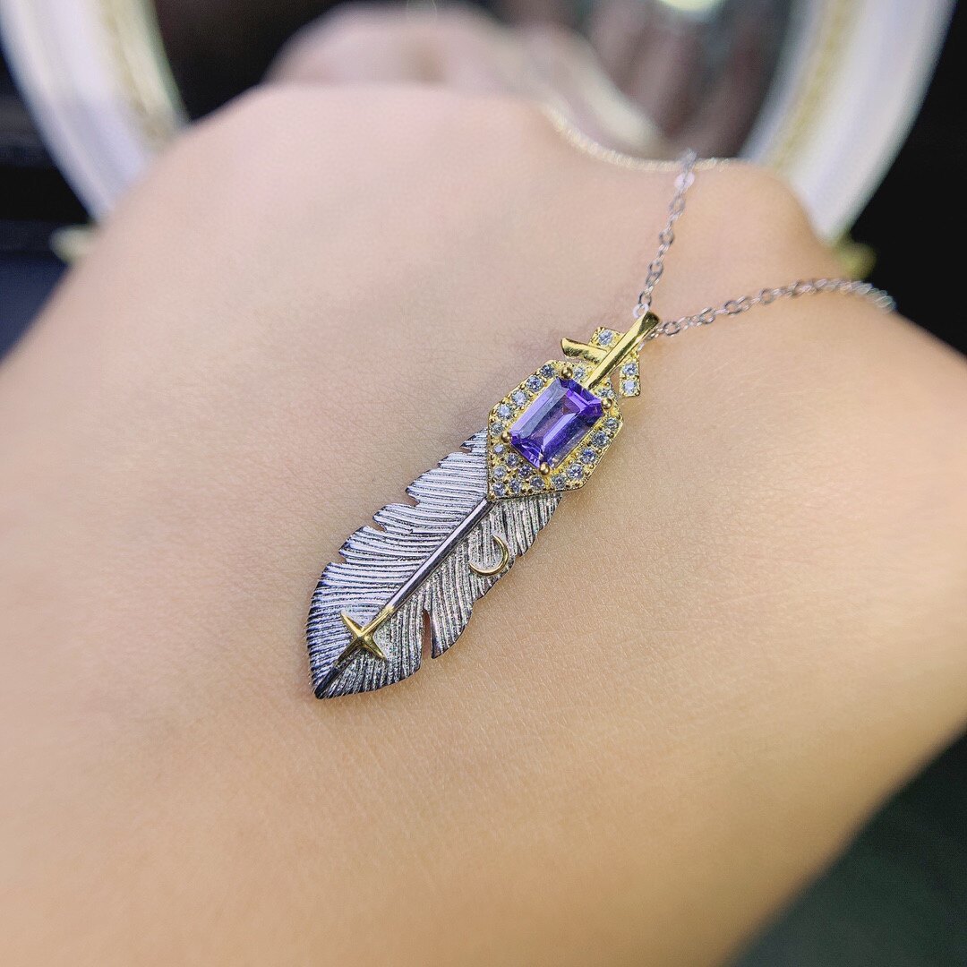 s925银饰吊坠空托英伦复古羽毛个性大气吊坠托长方形4*6镶坦桑石