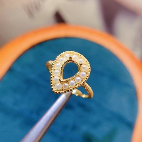 s925银饰戒指空托水滴形6*8mm珍珠装饰款时尚气质优雅百搭开口戒