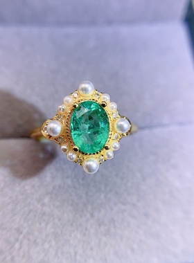 s925银饰戒指空托椭圆6*8mm时尚轻奢粘珍珠 戒指托镶祖母绿彩宝