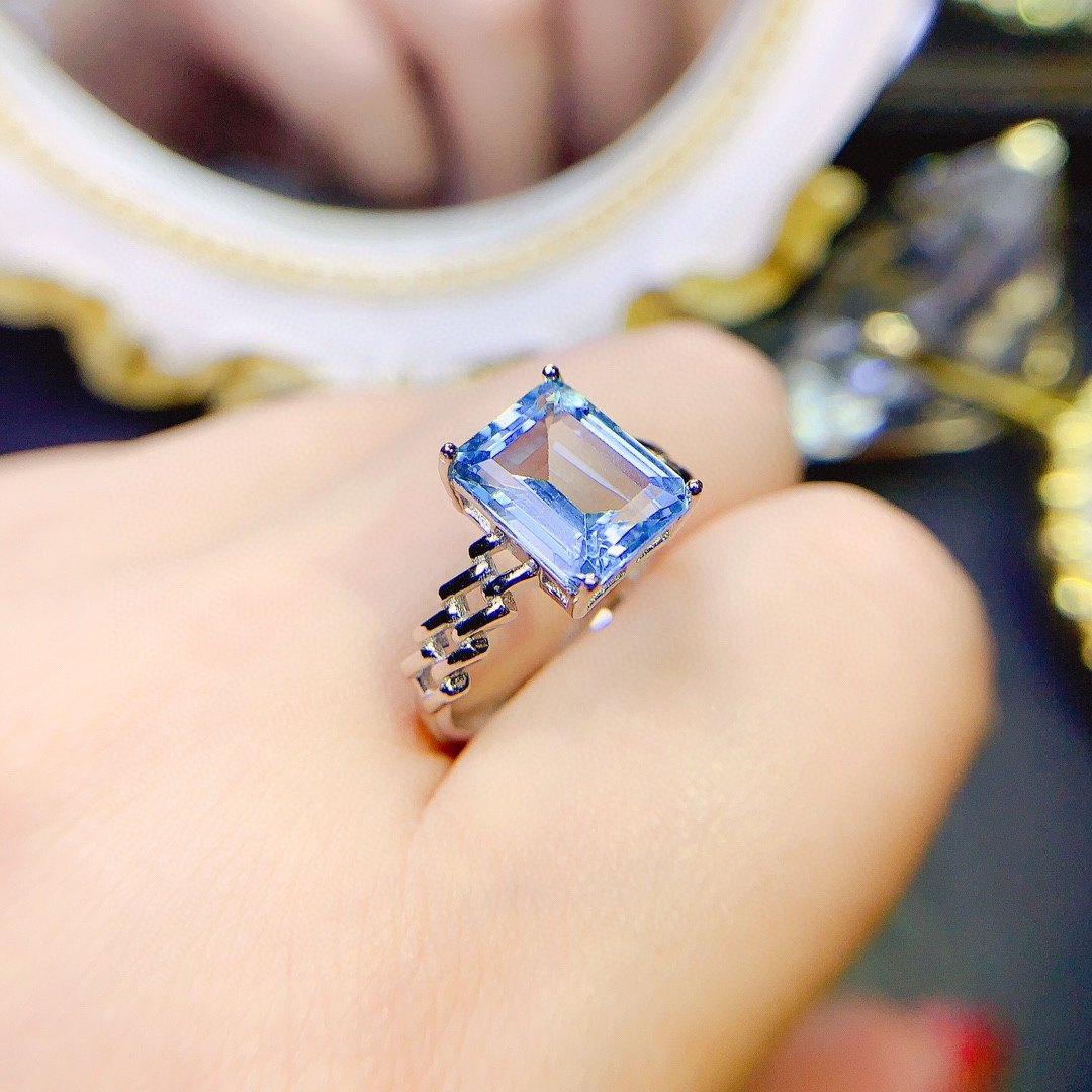 s925银饰戒指空托网红轻奢欧美新款开口戒托女镶托帕石长方6*87*9