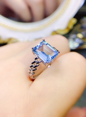 s925银饰戒指空托网红轻奢欧美新款开口戒托女镶托帕石长方6*87*9