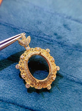 s925银饰吊坠空托时尚复古蕾丝吊坠托椭圆形12*16mm彩宝玉石托