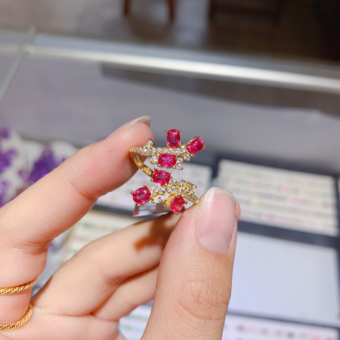 s925银饰戒指椭圆形3*4mm群镶多粒小众时尚个性轻奢开口红宝戒指