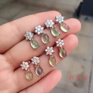 s925纯银耳钉空托 时尚雪花款 代镶嵌葡萄石水晶等 6x8 银饰 DIY